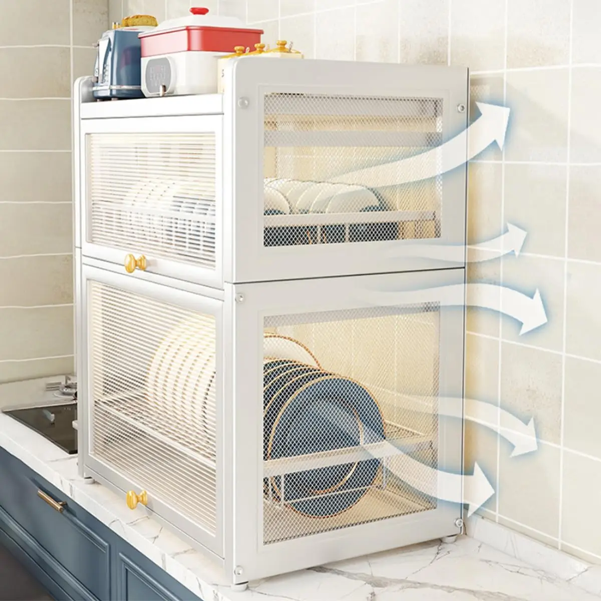 Medium Dish Drying Rack for Kitchen Counter, Stainless Steel Dish Strainer with Cover 2 Tier Kitchen Counter Utensil Holder