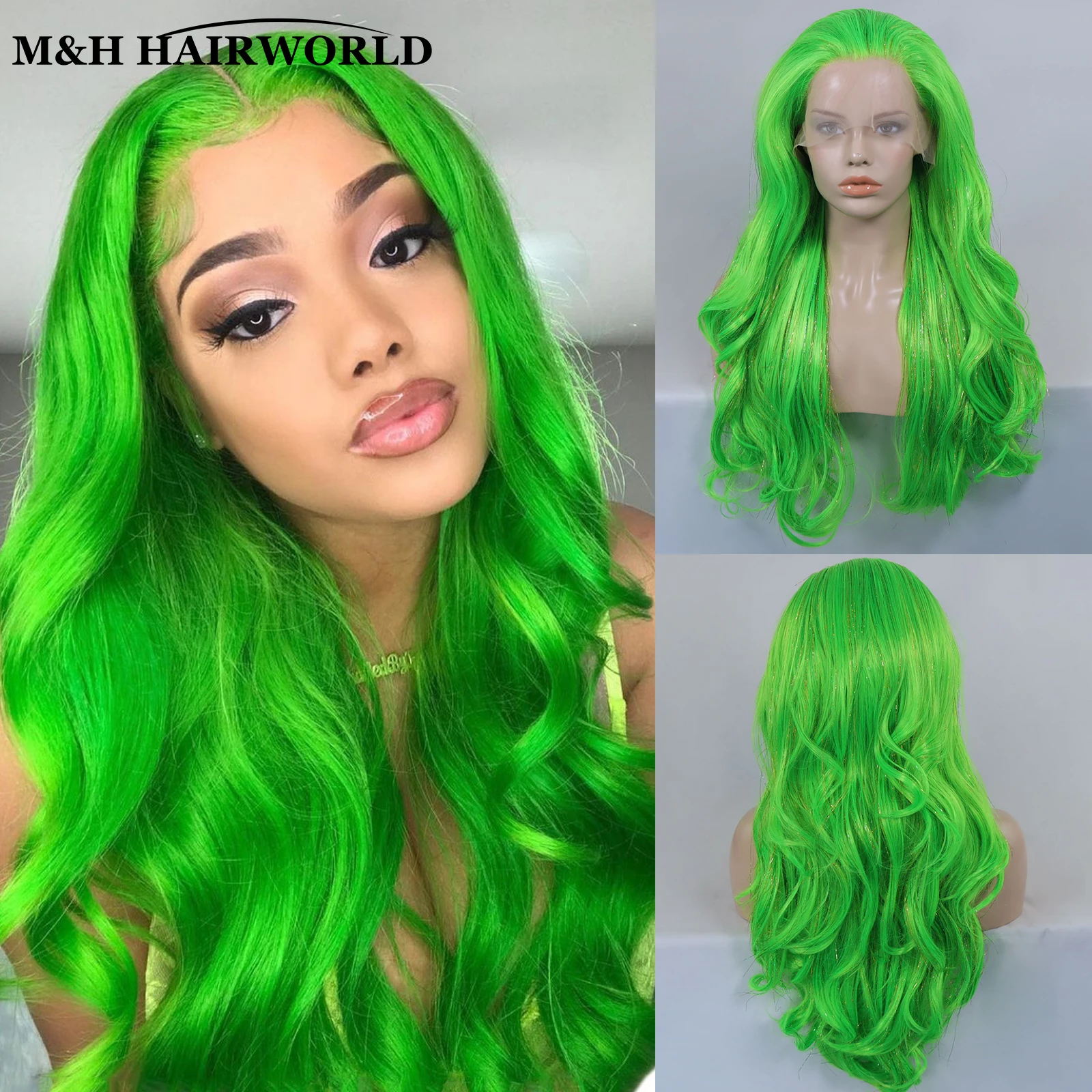 

Fluorescent Green Sparkle Highlight Colored Wavy Synthetic Lace Front Wigs For Women Pink Blue Cosplay Glueless Lace Frontal Wig