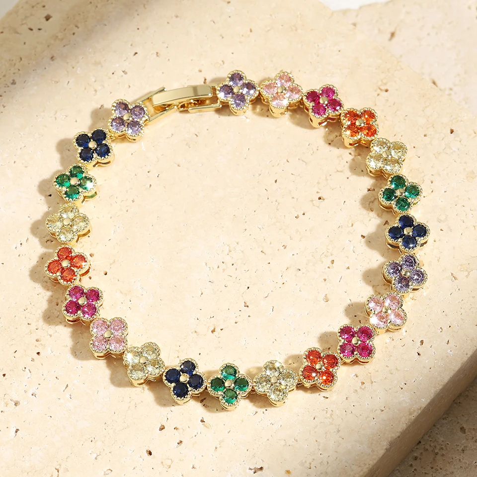 RAKOL Colorful Clover Zircon Bracelet Fashion Charm Gorgeous Charm Exquisite Cute Sweet Shining Crystal Jewelry Gift
