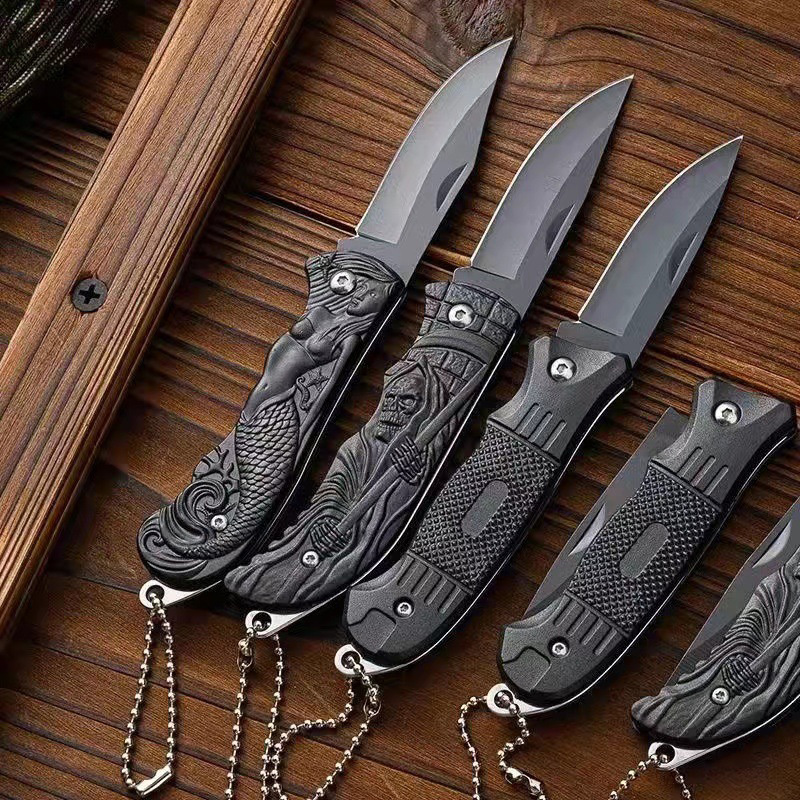 Black Folding Pocket Knife Stainless Steel Mini Knife Keyrings Bag Pendant Portable Outdoor Camping Self-defense Survival Knives