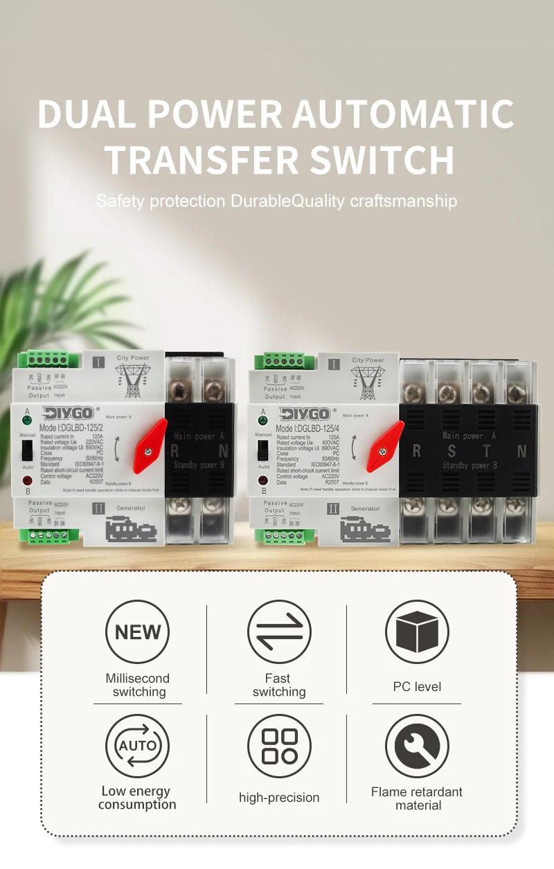 DIY GO Mini DIN-Schiene 2P 4P ATS Dual Power Automatischer Transferschalter Elektrische Wahlschalter Unterbrechungsfreie Stromversorgung 125A 220V – Detail 1