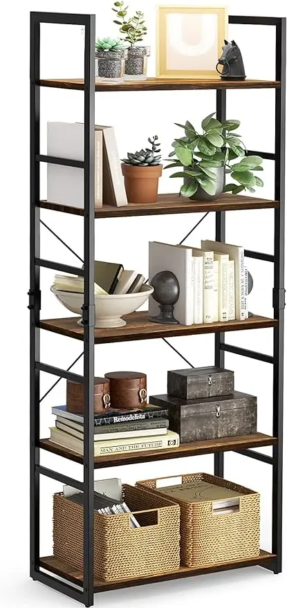 

Pipishell Bookshelf, 5-Tier Bookcase, Storage Bookshelves, Tall Ladder Shelf Organizer, Display Shelf with Steel Frame, Vintage