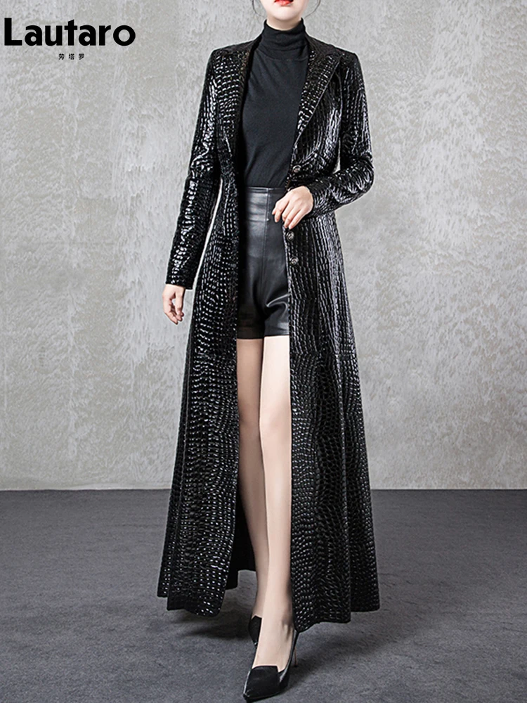 Lautaro Autumn Extra Long Black Shiny Reflective Crocodile