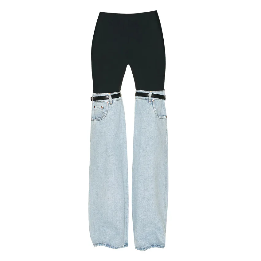 Design Splicing Jeans 2023 High Waist Straight Leg Wide Leg Premium Personality Chic Pants