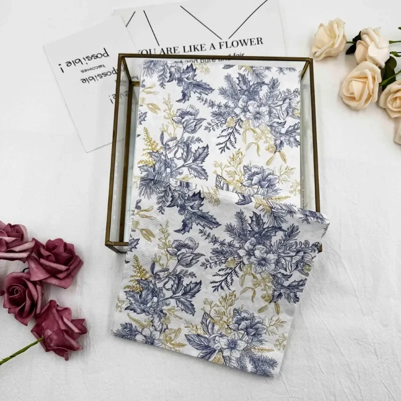 10/20pcs/Pac 2-Ply Gold Bloom Blue Printed Napkin Placemat Wedding Party Wine Glass Flower Paper DIY Butterfly Bone Bart Paper