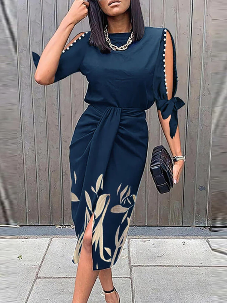 Estampado Vintage de las mujeres elegantes pliegues vestido Casual hueco de media manga vestido verano mujer de cuello redondo vestido de fiesta| Vestidos| AliExpress