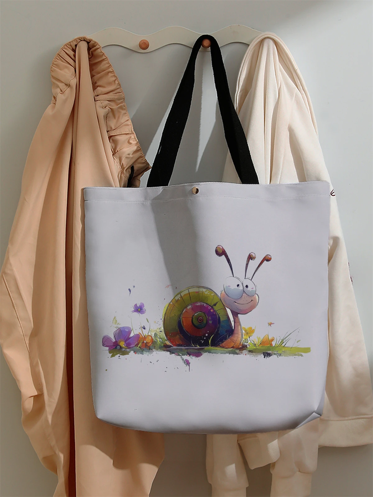 1pc， Snail patterned handbag, reusable fashionable handbag, multifunctional handbag, printed canvas shopping bag