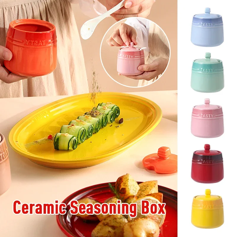 Porcelain Condiment Jar Container with Lid Spoon Ceramic Sugar Bowls Seasoning Box Salt Jars Tea Caddy for Kitchen Countertop