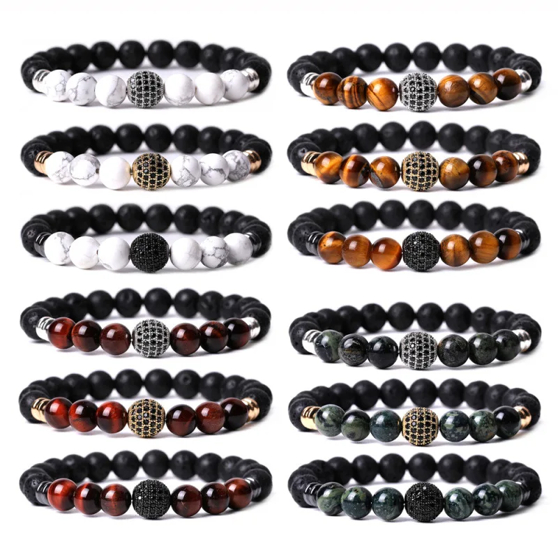 

Charm 10mm CZ Zircon Pave Copper Ball Bracelet Men 2024 Classic Tiger Eye Black Lava Stone Bracelets New Friendship Jewelry Gift