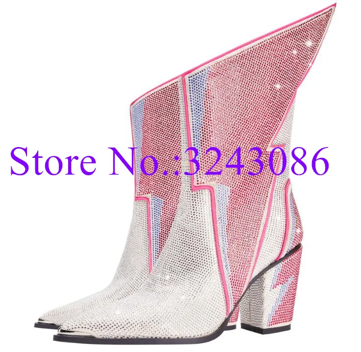 

New Colorful Crystal Chunky Heel Lady Short Boots Fashion Luxury Design Rhinestone Ankle Boots Woman Sexy Banquet Shoes Dropship