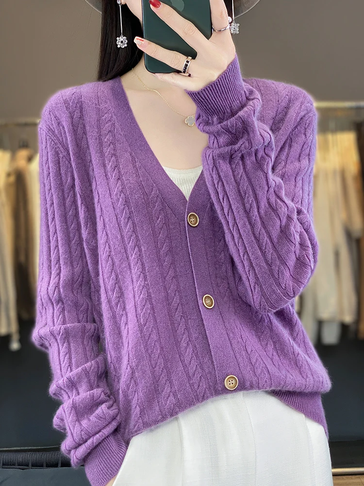 

Addonee Women's Twist Flower V-neck Cardigan Spring Autumn Preppy Style Coat 100% Merino Wool Knitted Sweater Korean Popular