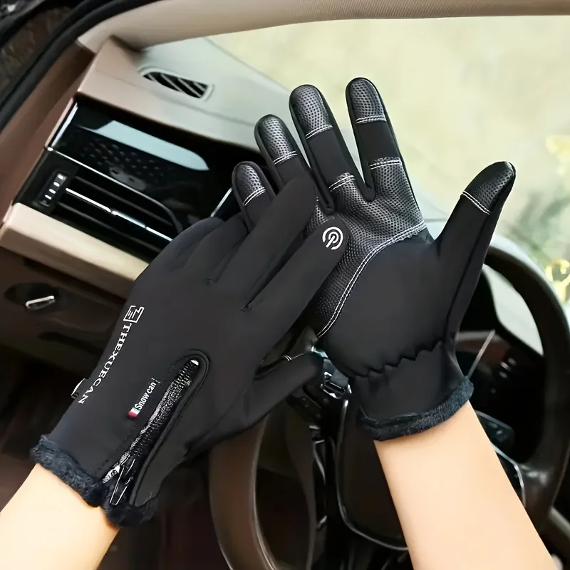 1 Pair Winter Velvet Touch Gloves-Windproof, Touch Screen Compatible, Knit Fabric, Blend, Zipper Closure for Men and Women
