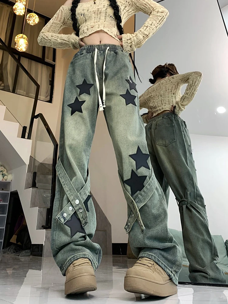 

Zoki Star Print Design Y2K Jeans Women Vintage American Harajuku Denim Pants Streetwear High Waist Loose Casual Hip Hop Trousers