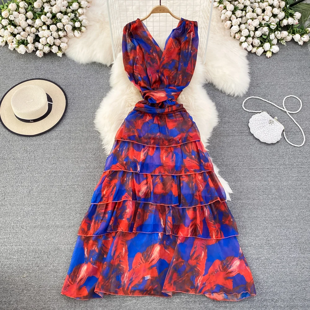 

Summer Fashion Temperament V-neck Waist Slim Printed Cake Dress Seaside Vacation Big Swing Long Dress