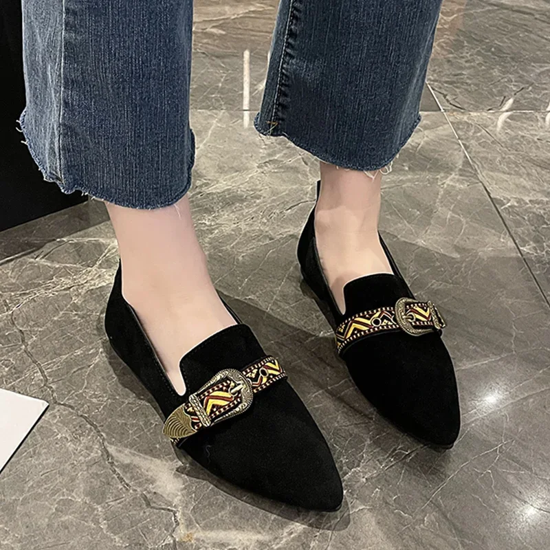 

2024 Pointed Toe Suede Flats Women Shoes Spring Casual Walking Shoes Summer Dress Sandal Fashion New Retro Female Zapatillas