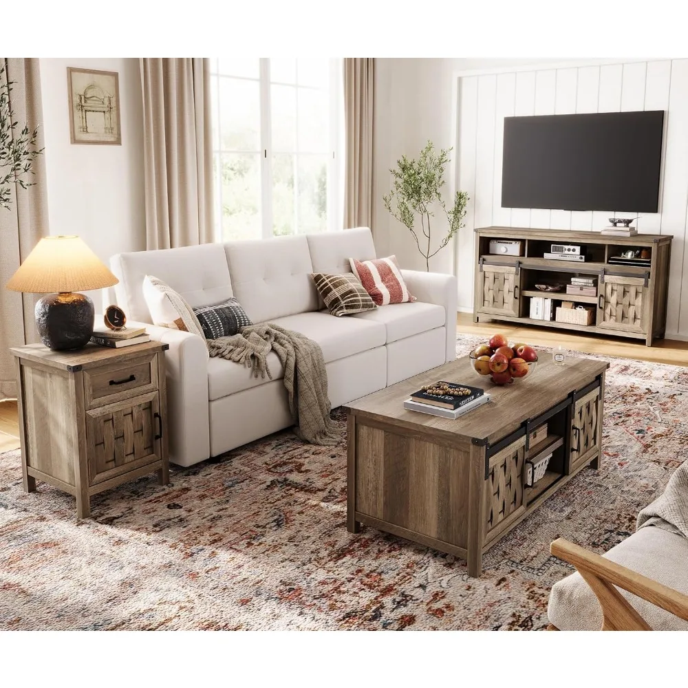 47" Coffee Table Storage Sliding Barn Doors Farmhouse Industrial Cocktail Table Adjustable Shelves Rect