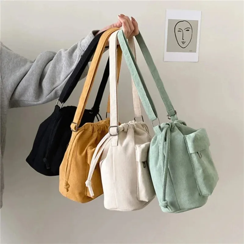 Korean Style Women's Shoulder Bag Drawstring Bucket Bag Casual Crossbody