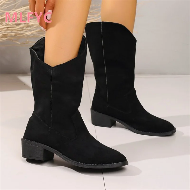 Women's Foreign Trade Large Round Toe Thick Heel Mid Sleeve Boots Female Winter New Lightweight Comfortable Non Slip Women Boots