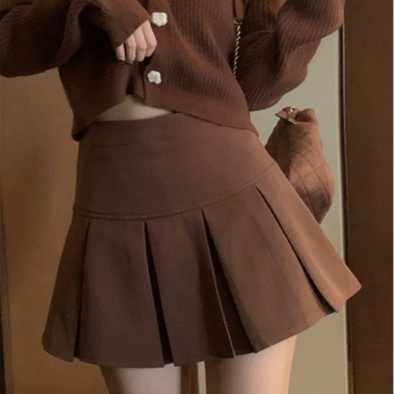 

Vintage Brown Pleated Skirt Women Spring 2023 Korean Style Y2K High Waisted A-line Mini Skirts Preppy Style Girls Causal