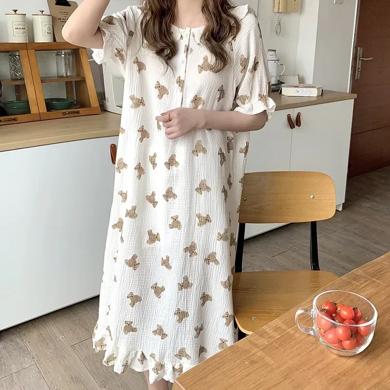 

Kawaii летняя ночная рубашка с мультяшным медведем с оборками хлопковая ночная рубашка короткая Домашняя одежда мягкая ночная рубашка с принтом корейские пуговицы с длинным рукавом