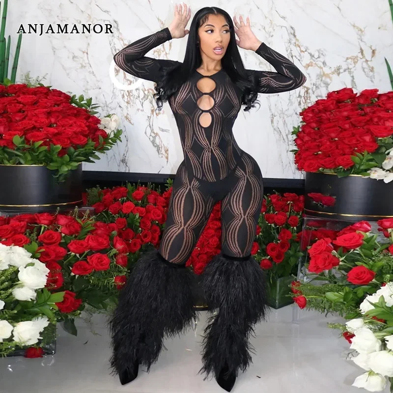 

ANJAMANOR Hollow Out See Through Jumpsuit Sexy Clubwear Backless Bodycon Sport Jumpsuits One Piece Black Outfits D87-EZ26