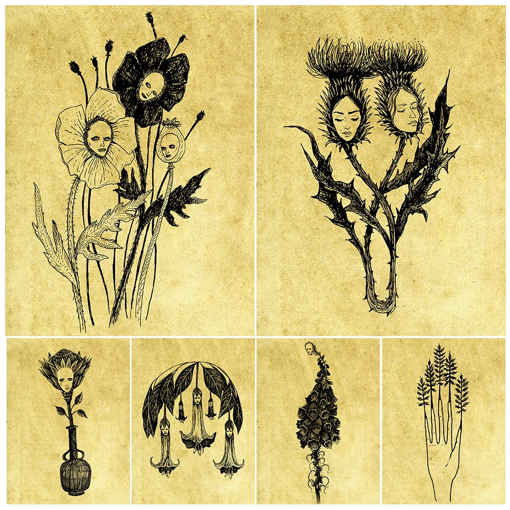 

Mysterious Witch Flower Abstract Vintage Art Poster And Print Magical Plants Pencil Drawing Art Canvas Painting Home Decoration
