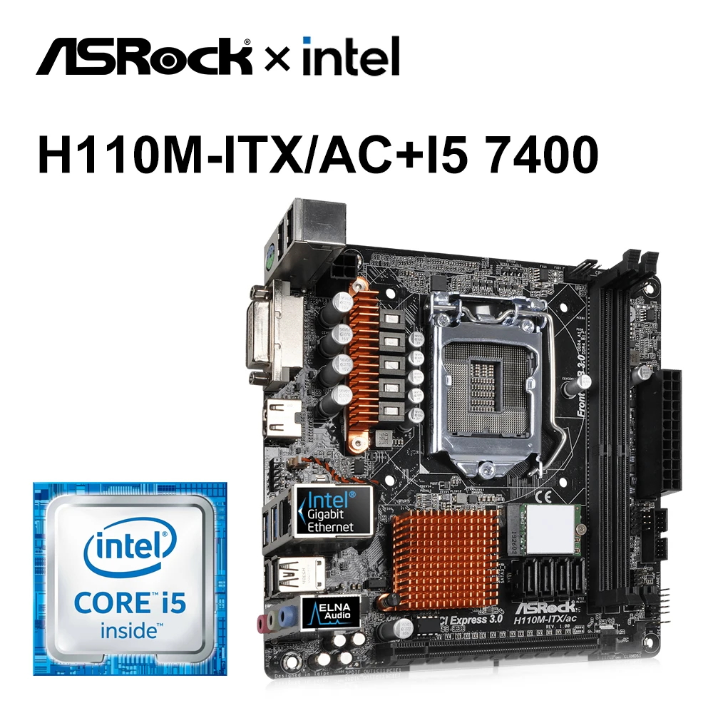 Motherboard set ASRock with intel Core i5-7400 and DDR4 8g *2 Intel H110 Motherboard HDMI USB 3.1 M.2 Mini itx - AliExpress