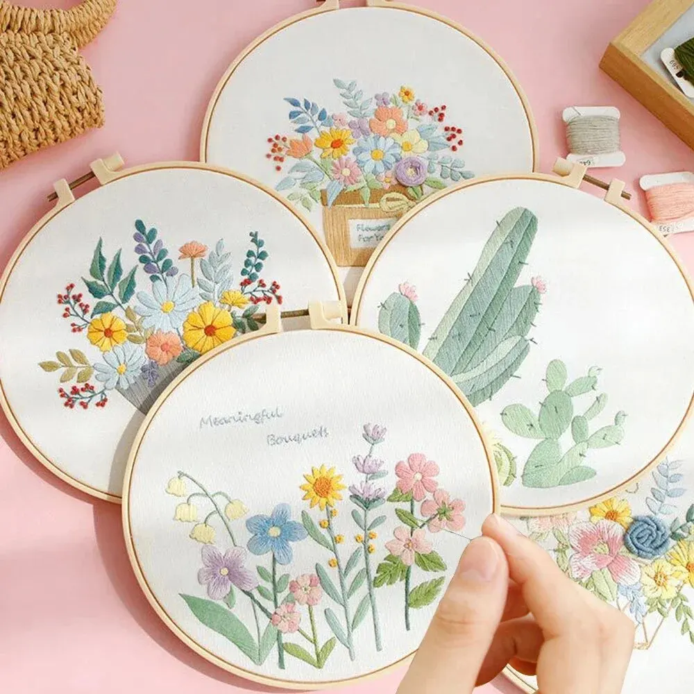 Embroidery Set Flower Embroidery Starter Kit DIY Cross Stitch Set for Beginner Plant Sewing Art Craft Painting Home Decor Embroidery Set