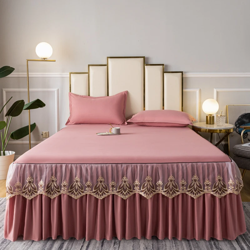 Bonenjoy 1pc Bed Skirt Lace Embroideried Bedskirt Solid Color Home Decorative Bed Linen Single
