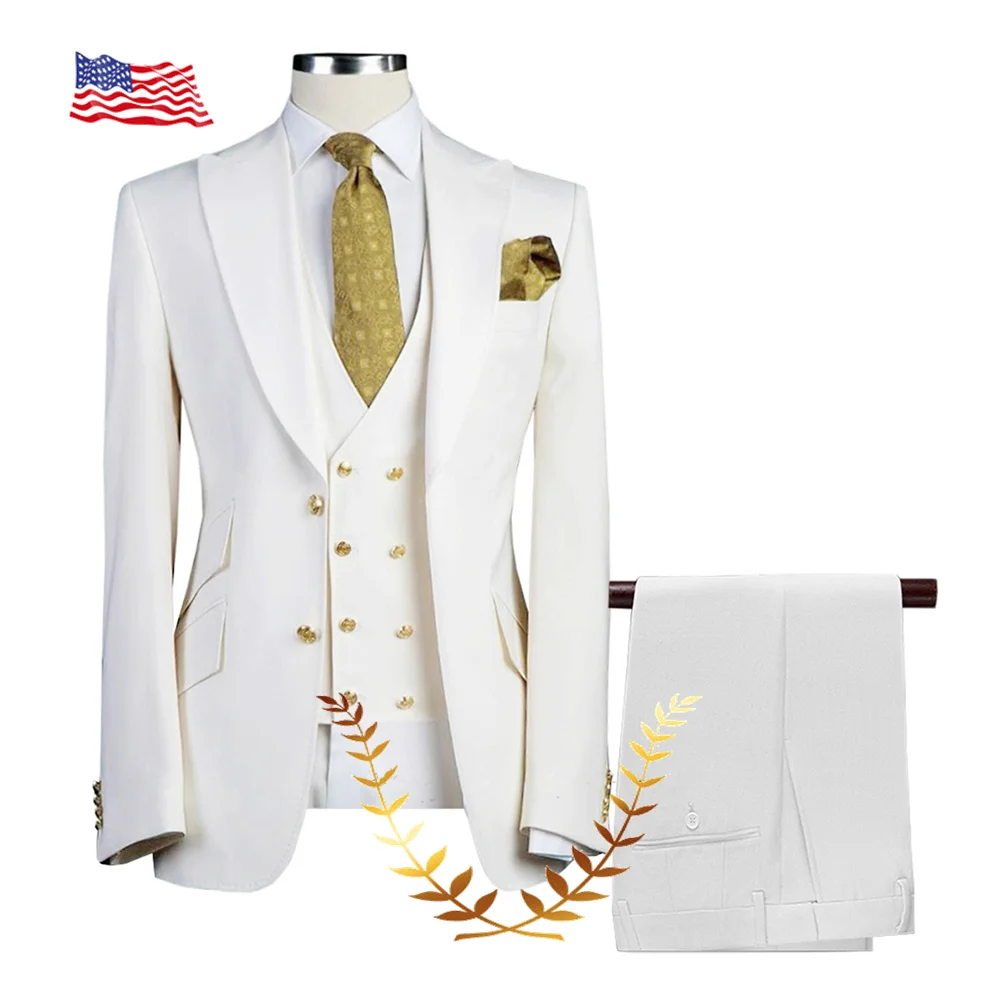 

Ivory Suit for Men Wedding Tuxedo Formal Jacket Pants Vest 3-piece Set Peak Lapel Outfit Slim Fit Blazer Handsome Men's Suit