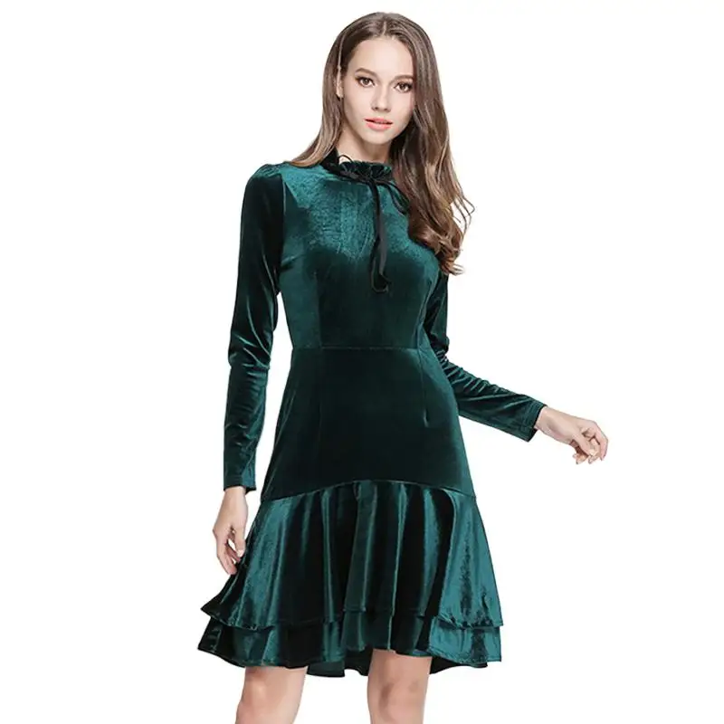 

Brand 2024 Spring long sleeve ruffled trumpet dress,fashion sweet Korean style Autumn party velvet dress, Autumn dresse