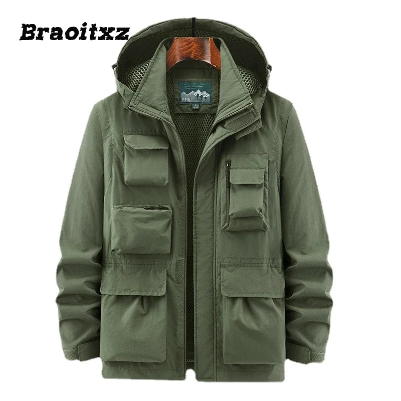 

New Men Spring Autumn Outdoor Fashion Casual Windproof Cargo Jacket Multiple Pockets Detachable Hooded