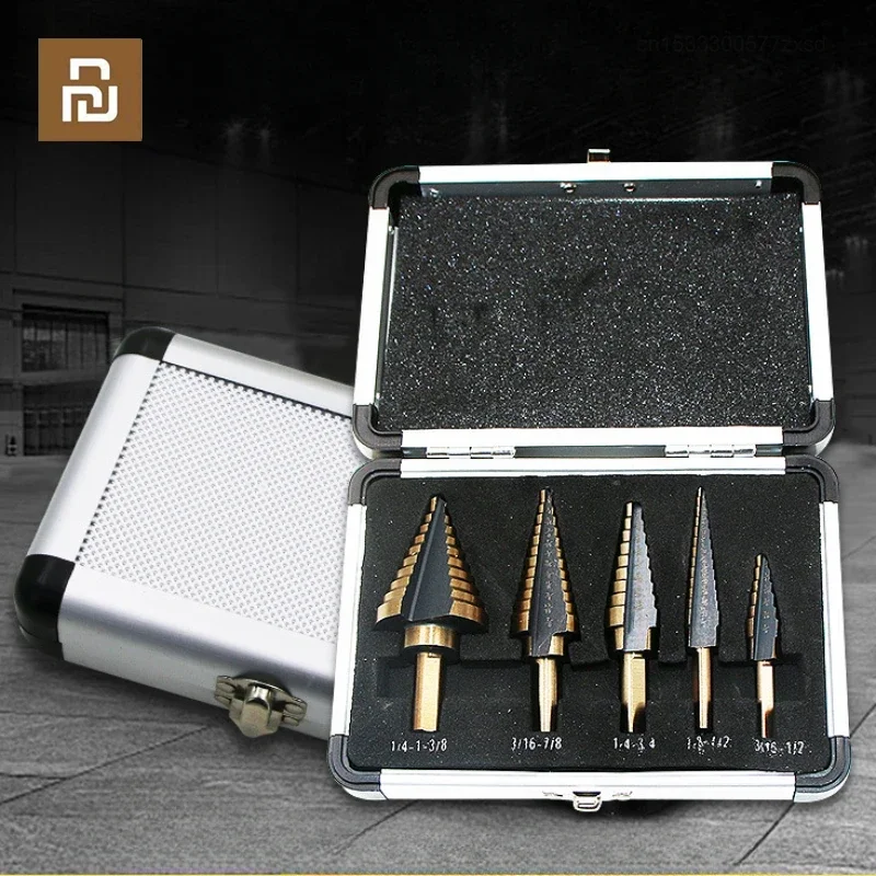 

Xiaomi 5-piece British Step Drill Set Aluminum Box Step Drill Steel Plate Drill Fried Dough Twists Drill Reamer Hole Drill Tools