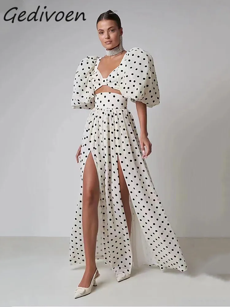 

Gedivoen Summer Fashion Runway Vintage Dots Skirt Set Women's Deep V-Neck Backless Crop Top+High Waist Slit Skirt 2 Pieces Set