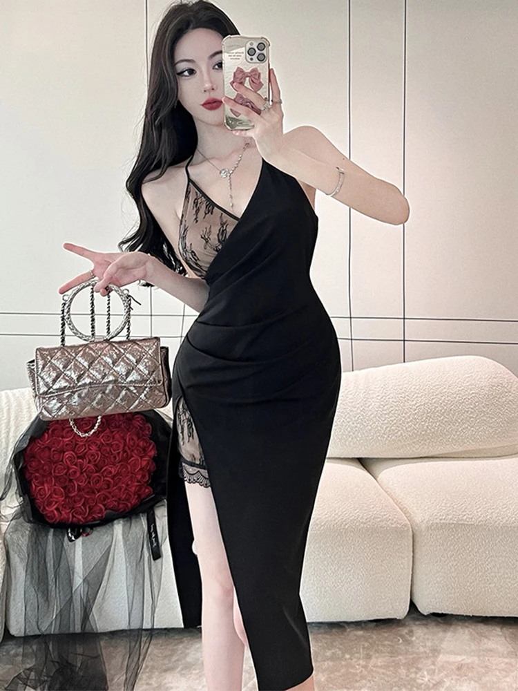 

Summer Fashion Chic Women Evening Dress Lace Black Sexy Halter Backless Split Midi Robe Party Club Prom Mujer Vestidos Fiesta