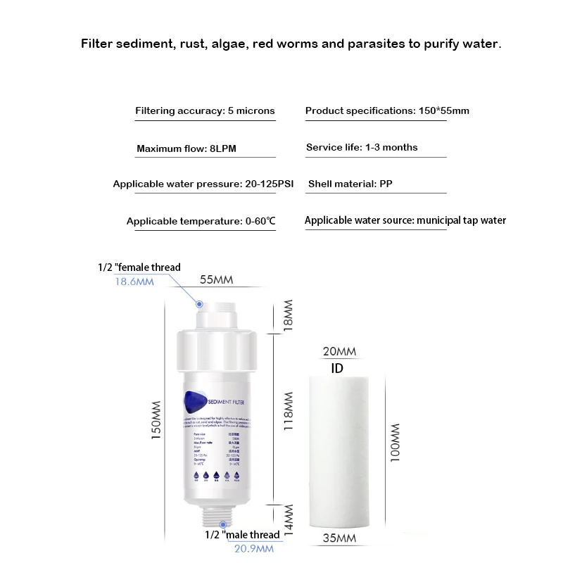 Description Picture 3 of item5 micron water purifier washing machine shower toilet Pre filter replaceable PP cotton Sediment Filter Kitchen Bathroom part