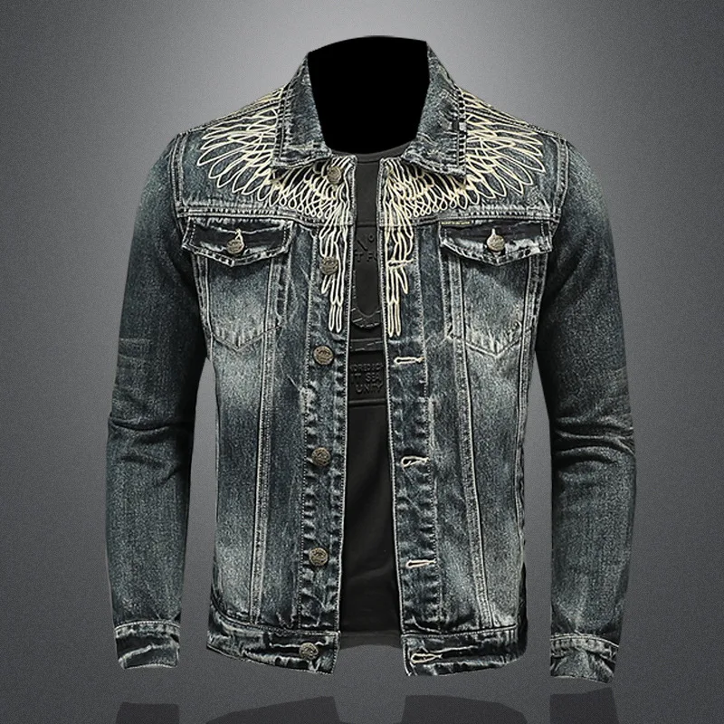 Veste r?�tro en Denim pour hommes, veste de poche brod?�e ?� ailes lourdes de haute qualit?� 