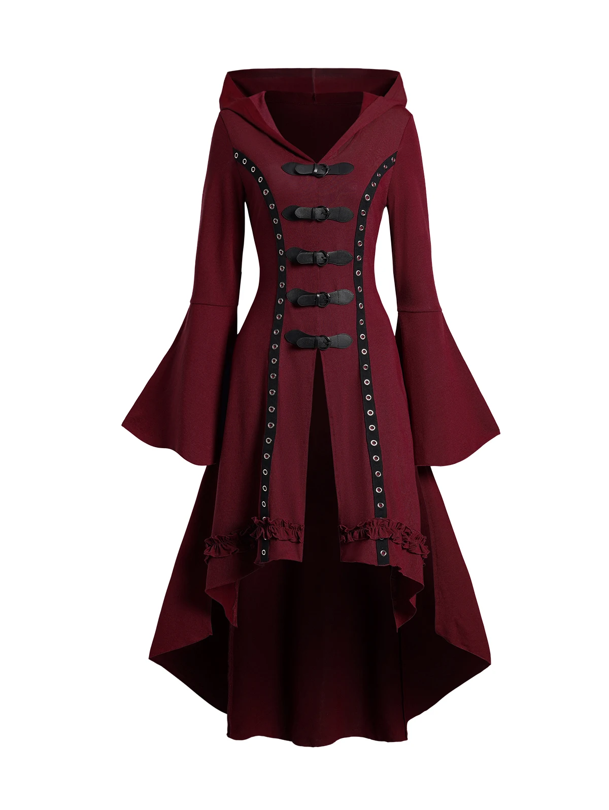 2024 Women's Fall Winter Grommet Gothic Hooded Top High Low Hem Buckle Flare Sleeve Frilled Tops Long Sleeve Hoodie Top
