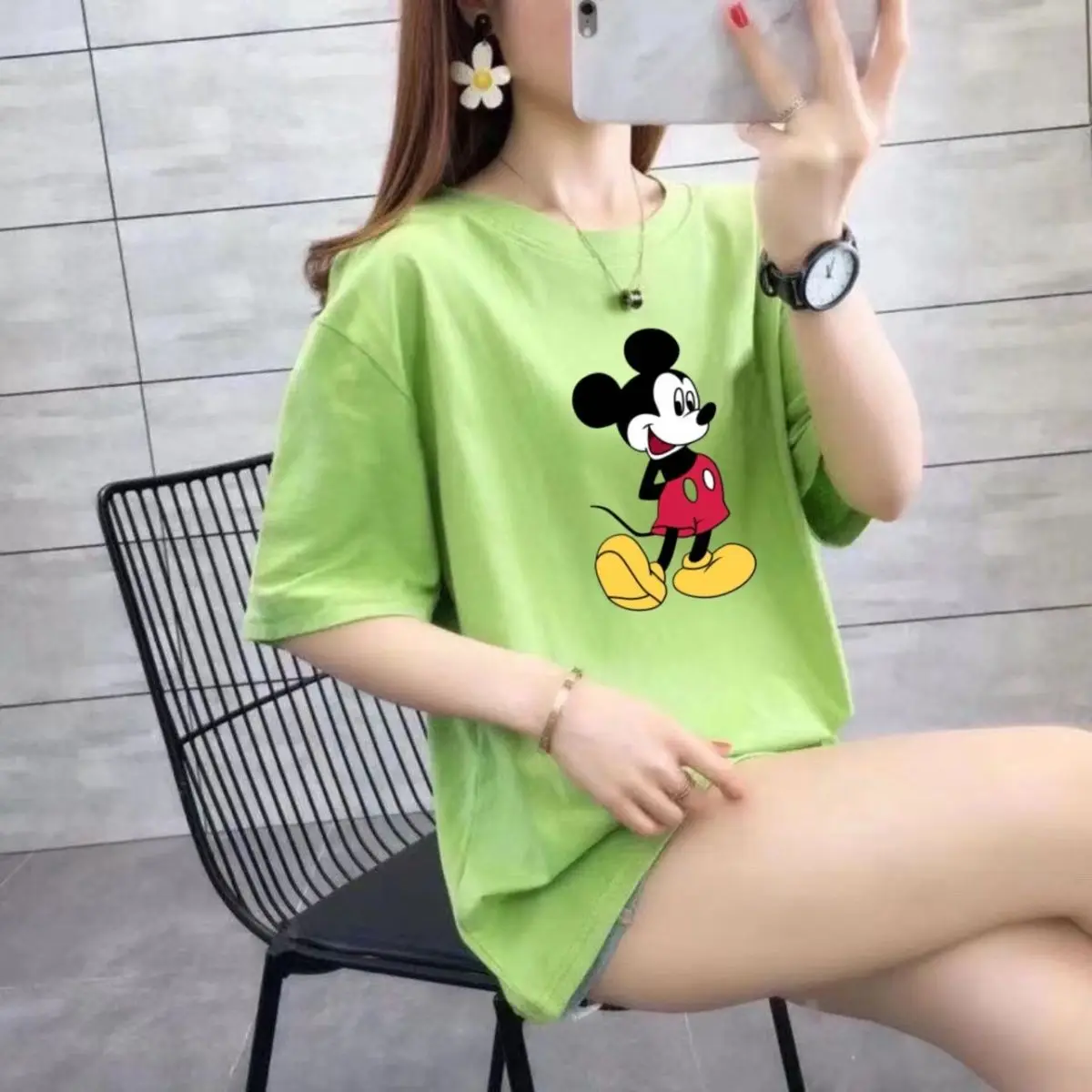 

Pure cotton short sleeved T-shirt for women's summer 2024 new Mickey printed loose student half sleeved top Instagram trend