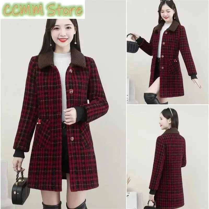 New Plaid Jacket Integrated Plush Medium Length Coat For Women Autumn Winter Fashion Arctic mink Thick Coat Female Red