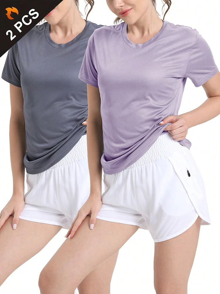2Pcs Women's Solid Color Ultralight Quick Dry Sport T-Shirt, Breathable Lightweight Top For Fitness Training Workout Running Gym 4