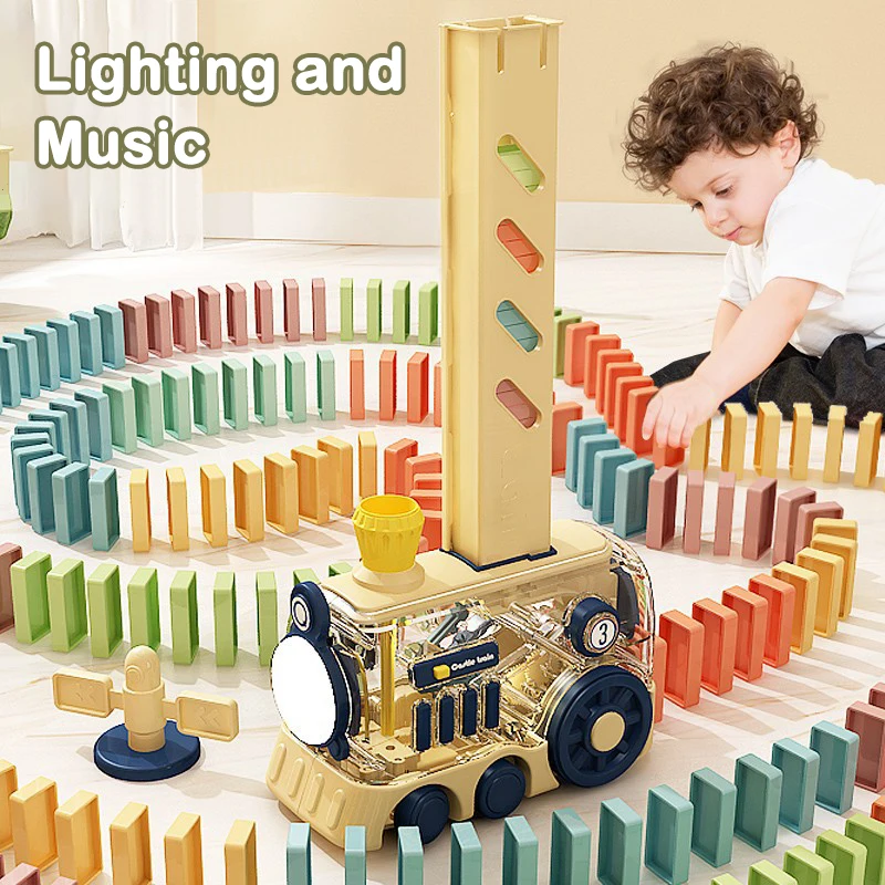 Kids Electric Domino Train Set Automatic Laying Colorful Domino Train with Lighting Sound Effects DIY Toys Kids Birthday Gift