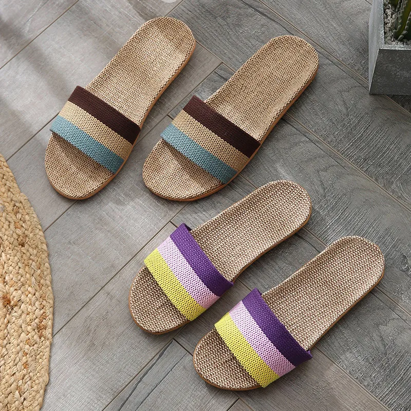 

2022 new large size linen slippers home couple indoor slippers wood floor cotton and linen home summer sandals M-69443