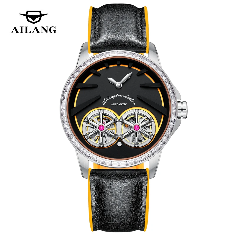 AILANG Orologio da uomo con doppio tourbillon, cinturino in pelle, impermeabile, di lusso, meccanico, con lunetta in diamanti, da uomo_voghion.com