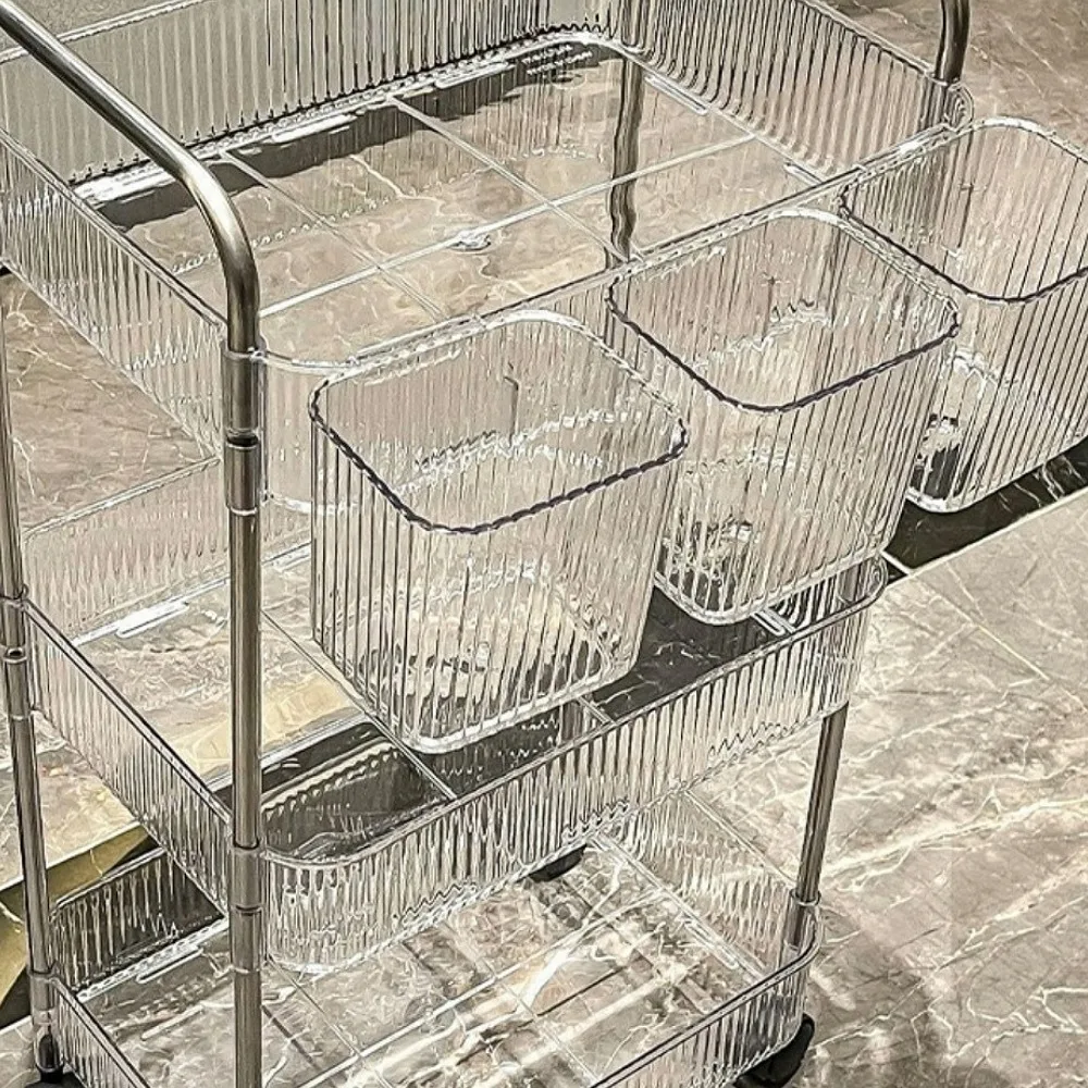 4 Tiers Rolling Cart Storage Shelfs with Hanging Basket Transparent Acrylic Trolley Mobile Shelf with Wheel Multi-Layers Storage