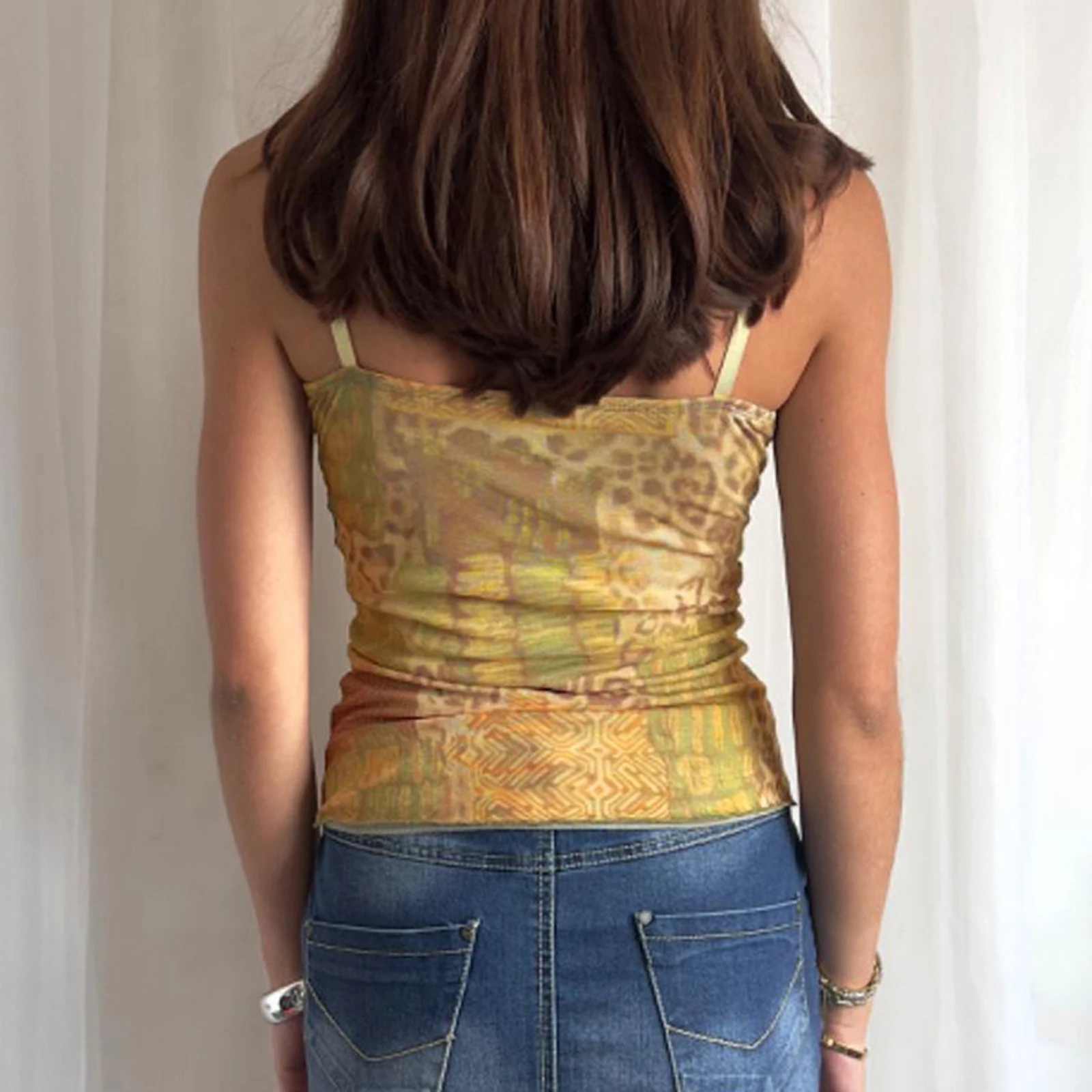 Y2K Vintage Women's Sleeveless Cami Tops Spaghetti Strap Abstract Print Ribbon Tie-up Front Camisole Tank Tops Summer Clothes - Image 3