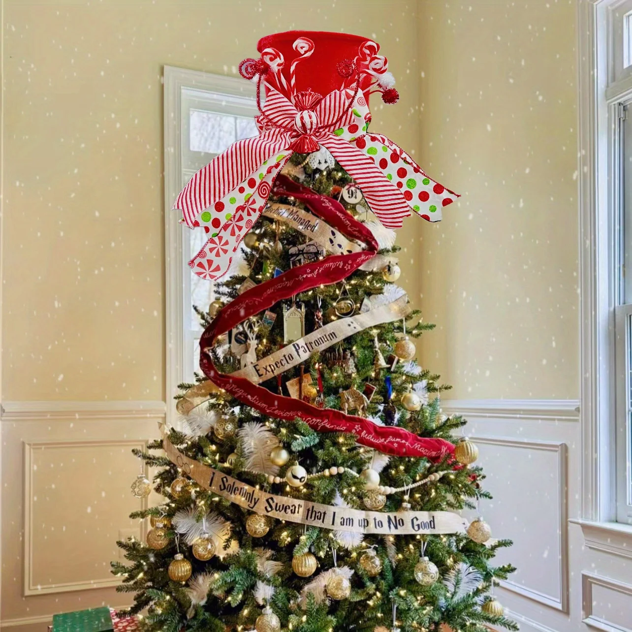 1PC Christmas Tree Decoration Hat with Bow and Ribbon Decorations, Christmas Atmosphere Decoration Props, Christmas Gifts