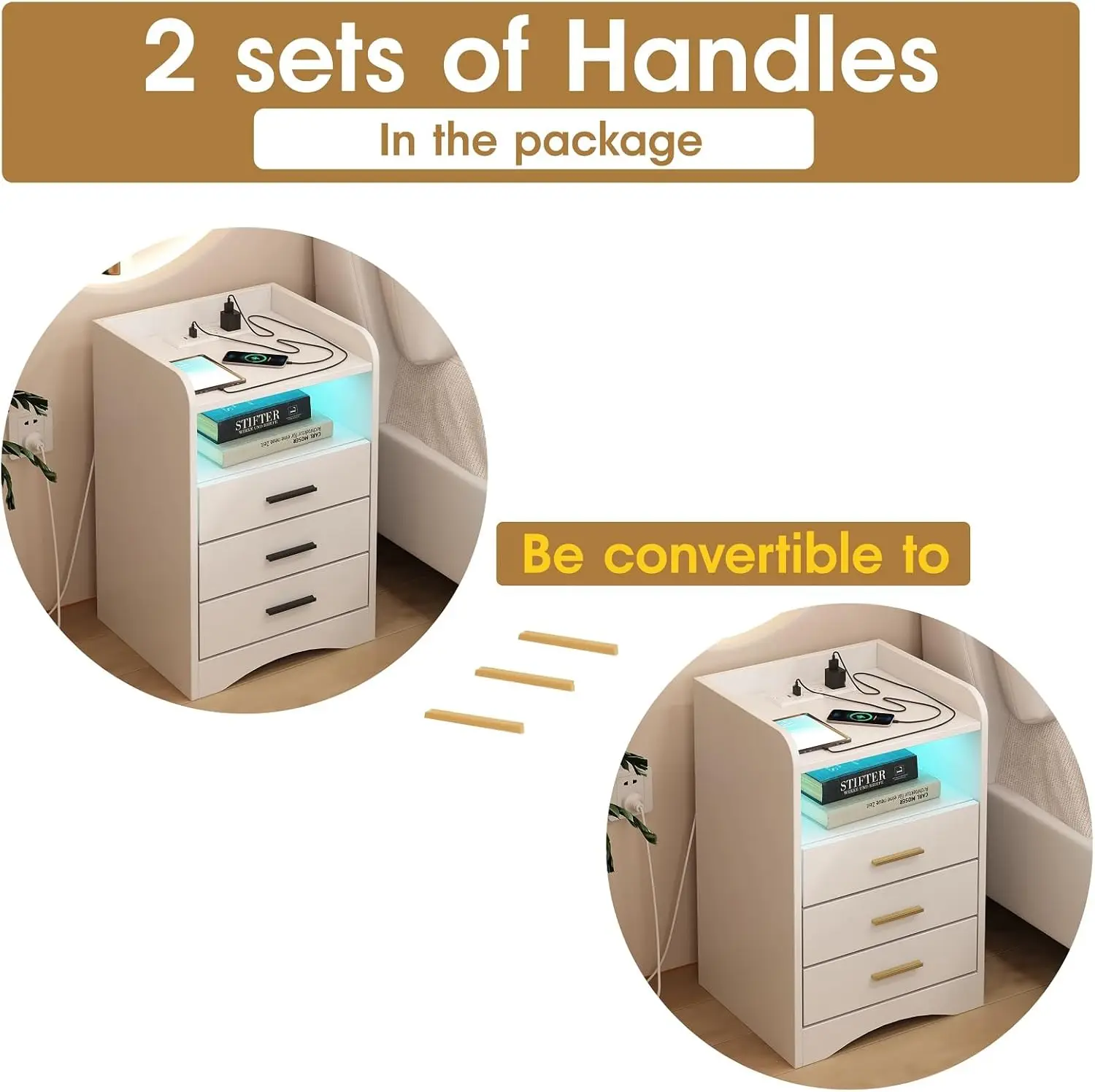 -Functional White Nightstand Set of 2 with Charging Station and LED Lighting, 3 Drawers and 2 Open Shelves, Suitable for Be