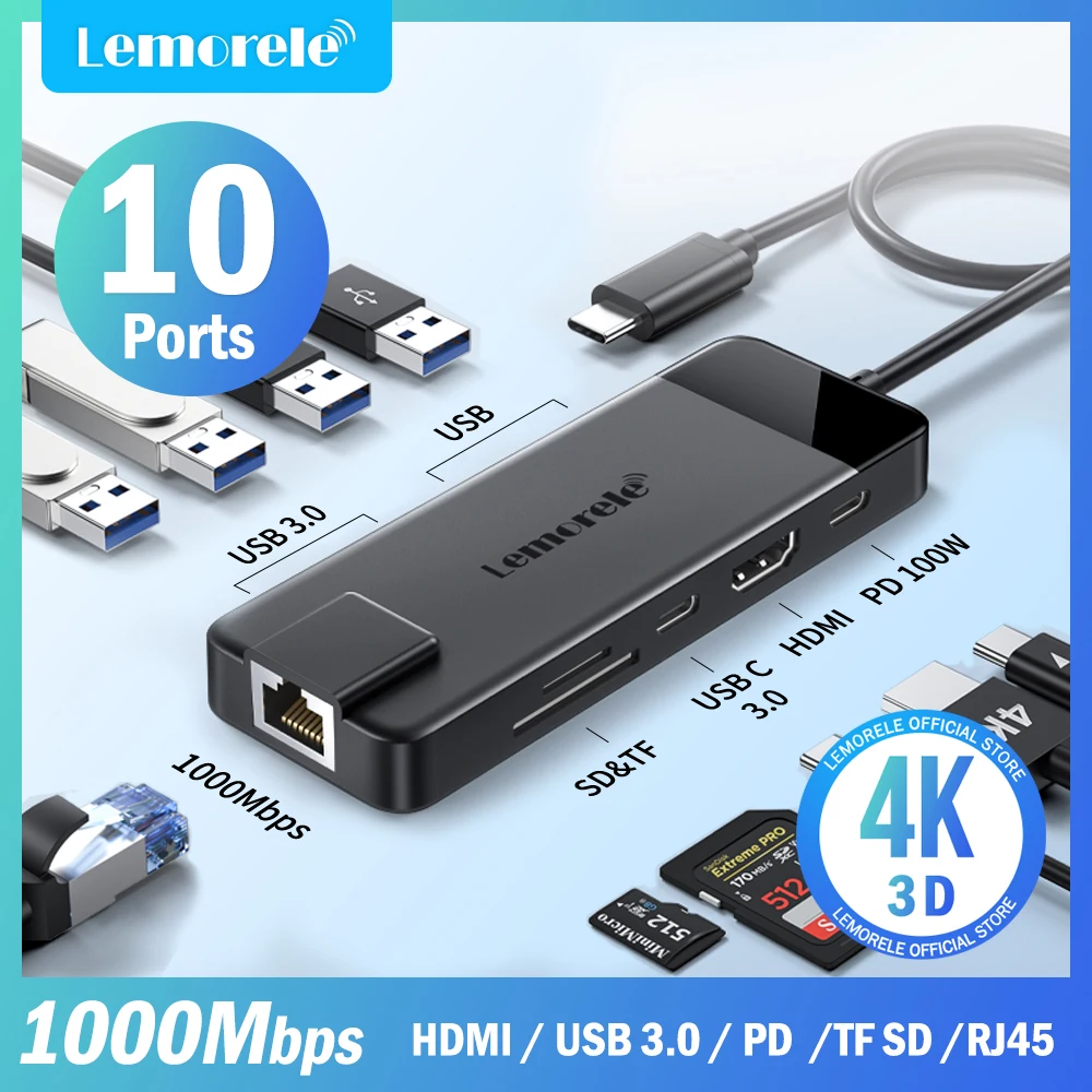 lemorele-10-9in-1-usb-c-hub-type-c-docking-station-rj45-pd-100w-adapter