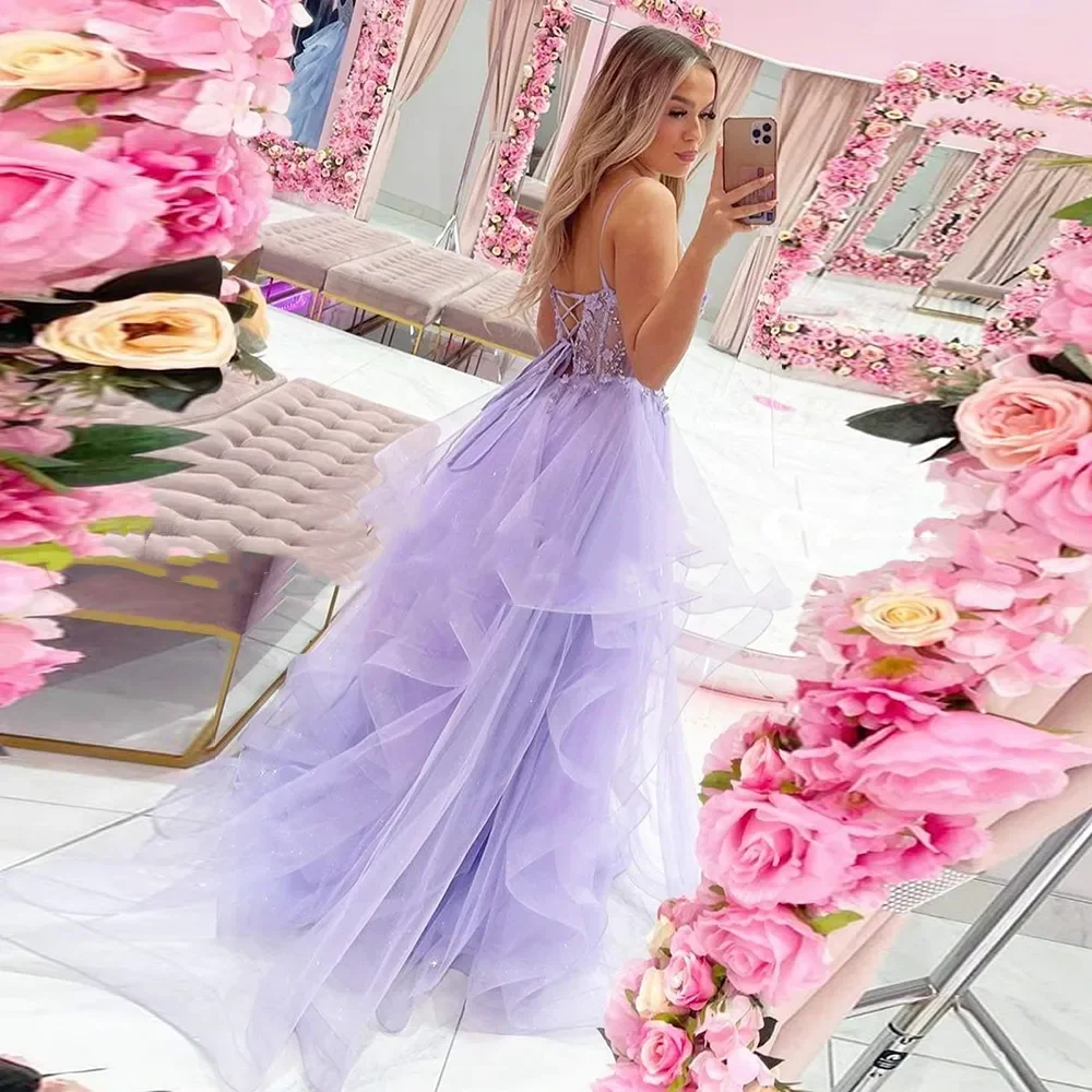 strapless open back dress V Neck Purple Long Lace Prom Dresses, Purple Long Lace Formal Evening   jbydress